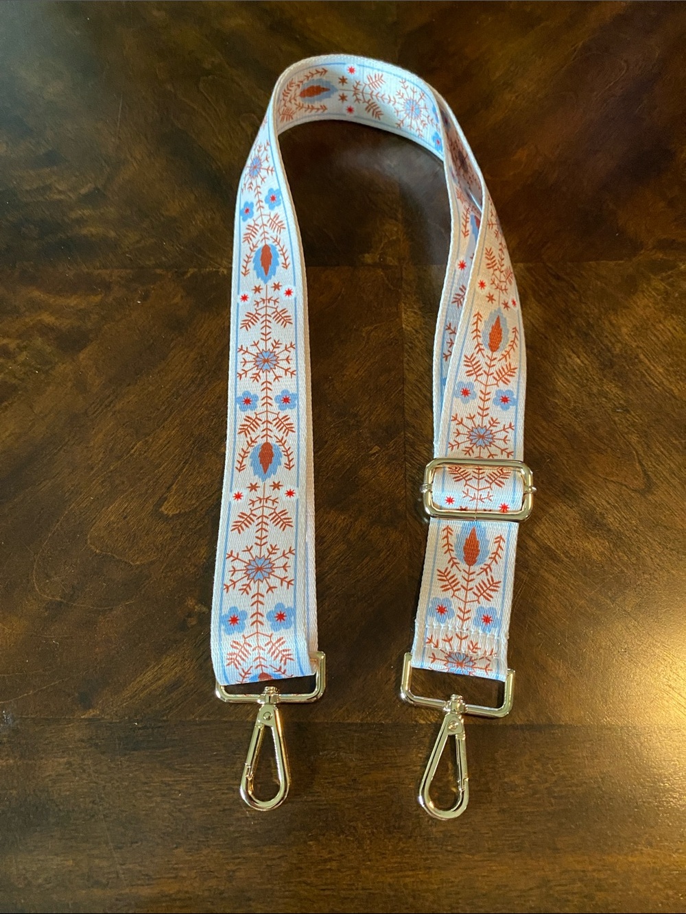 Adjustable Embroidered Detachable Strap in Light Blue and Rust